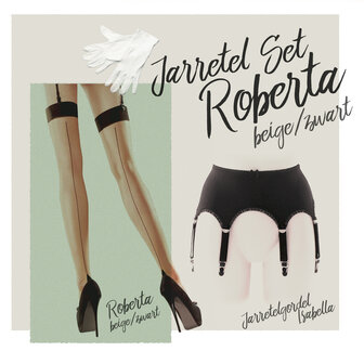 Jarretelset, Jarretelgordel Isabella met een paar Roberta Naadkousen Beige met Zwarte naad plus een paar handschoenen