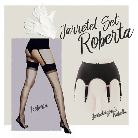 Jarretelset, Jarretelgordel Isabella met een paar Roberta 6 denier Naadkousen met Point Heel plus een paar handschoenen